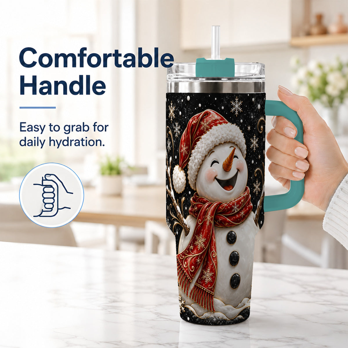 #pl[40oz|Green] Happy Snowman 40oz Tumbler with Handle, Winter Stainless Steel Tumbler