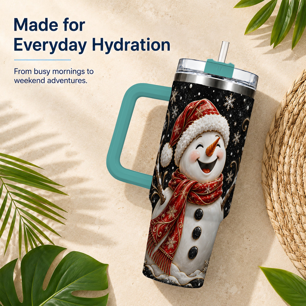 #pl[40oz|Green] Happy Snowman 40oz Tumbler with Handle, Winter Stainless Steel Tumbler