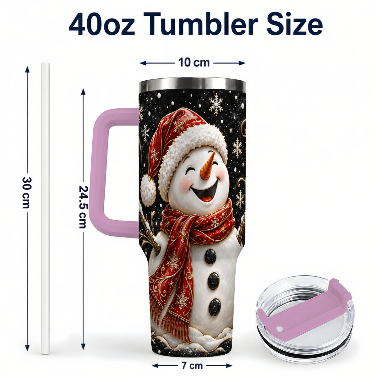 #pl[40oz|Pink] Happy Snowman 40oz Tumbler with Handle, Winter Stainless Steel Tumbler