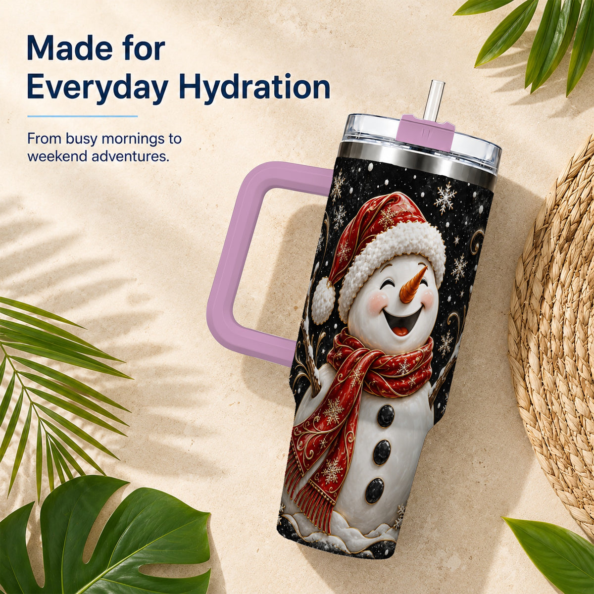 #pl[40oz|Pink] Happy Snowman 40oz Tumbler with Handle, Winter Stainless Steel Tumbler