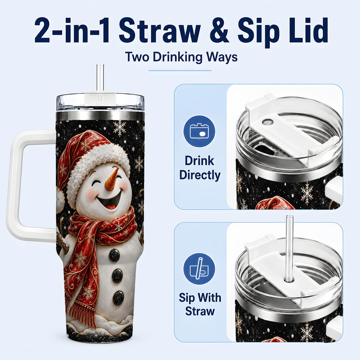 #pl[40oz|White] Happy Snowman 40oz Tumbler with Handle, Winter Stainless Steel Tumbler