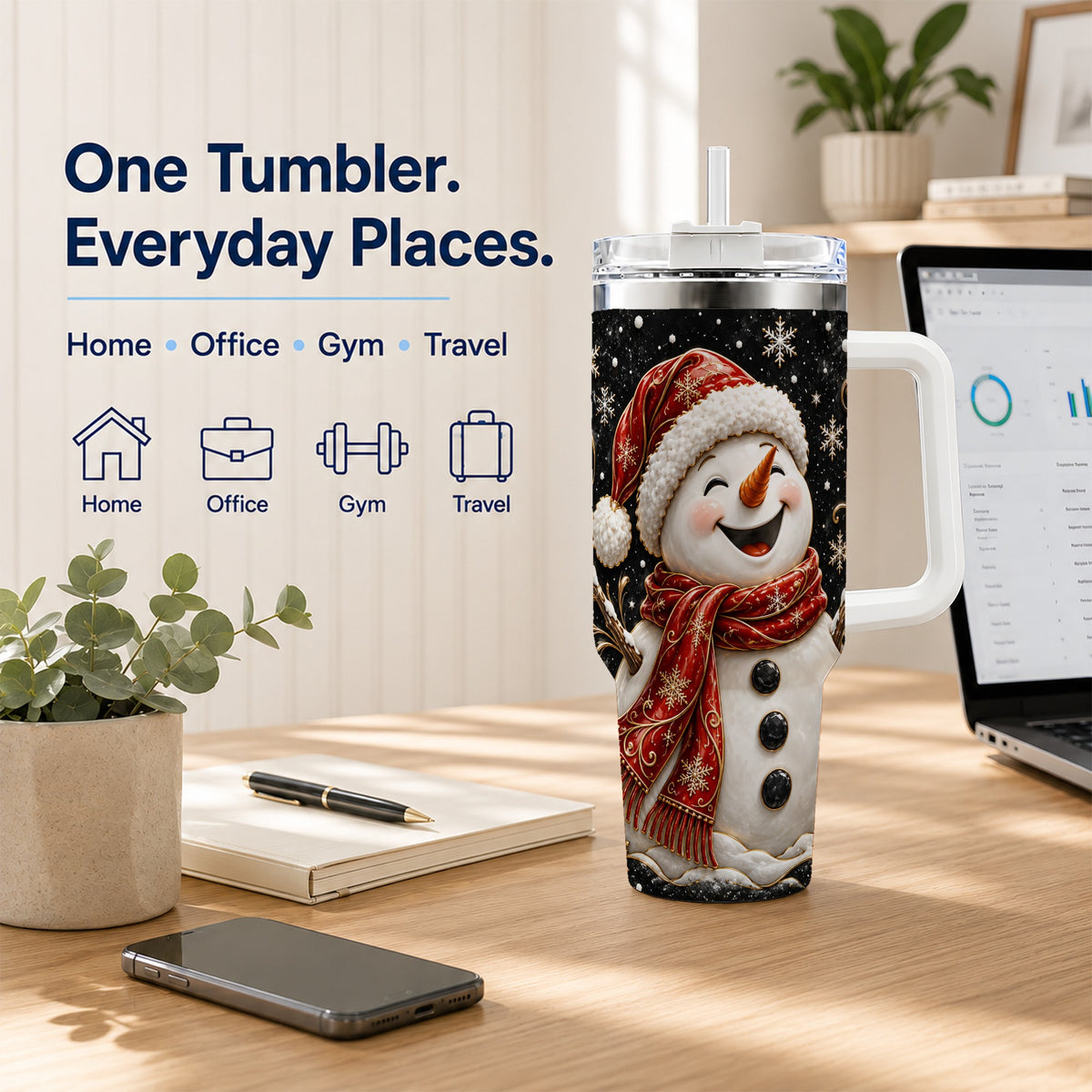 #pl[40oz|White] Happy Snowman 40oz Tumbler with Handle, Winter Stainless Steel Tumbler