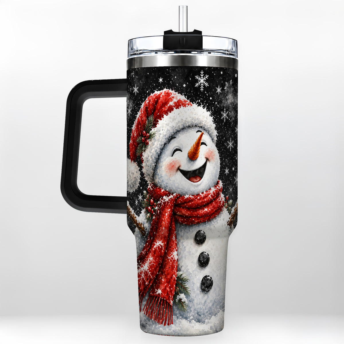 #pl[40oz|Black] Watercolor Snowman 40oz Tumbler with Handle, Winter Steel Tumbler