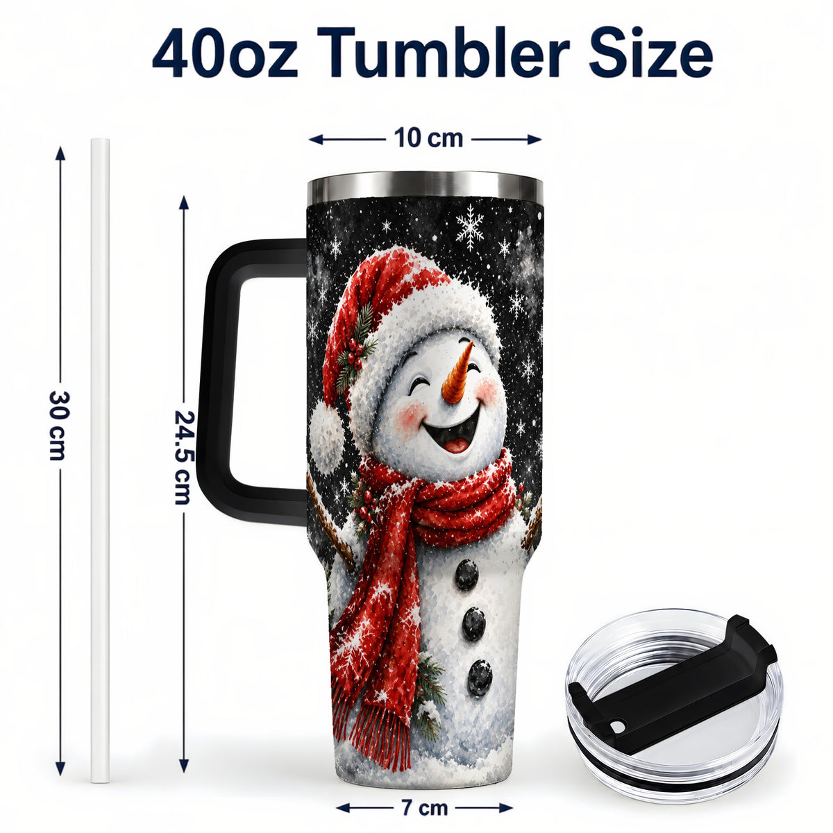 #pl[40oz|Black] Watercolor Snowman 40oz Tumbler with Handle, Winter Steel Tumbler