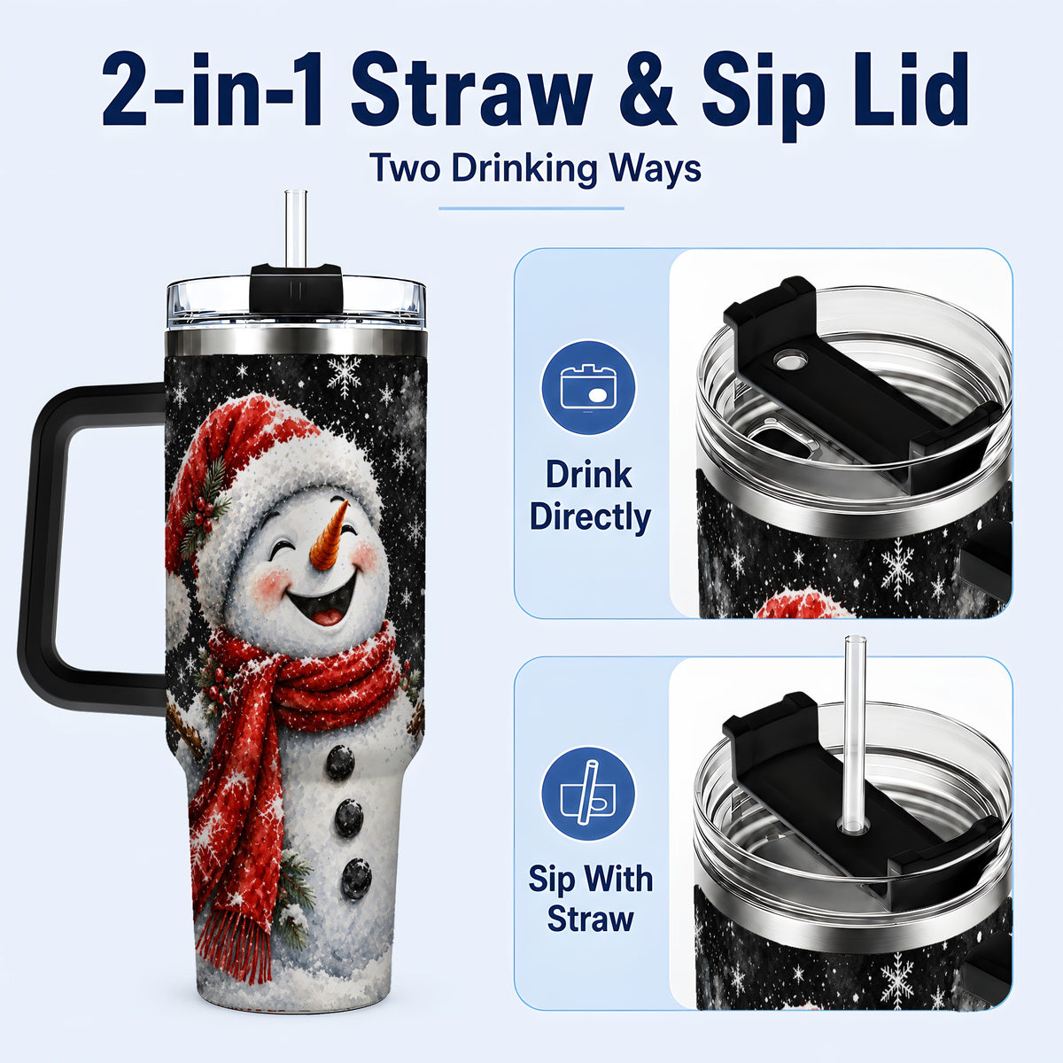 #pl[40oz|Black] Watercolor Snowman 40oz Tumbler with Handle, Winter Steel Tumbler