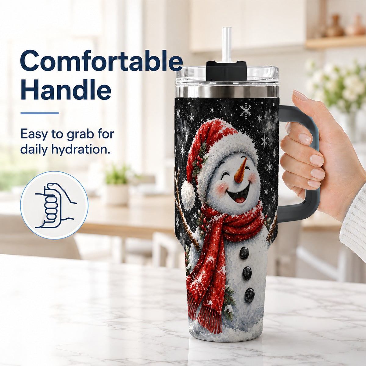 #pl[40oz|Black] Watercolor Snowman 40oz Tumbler with Handle, Winter Steel Tumbler