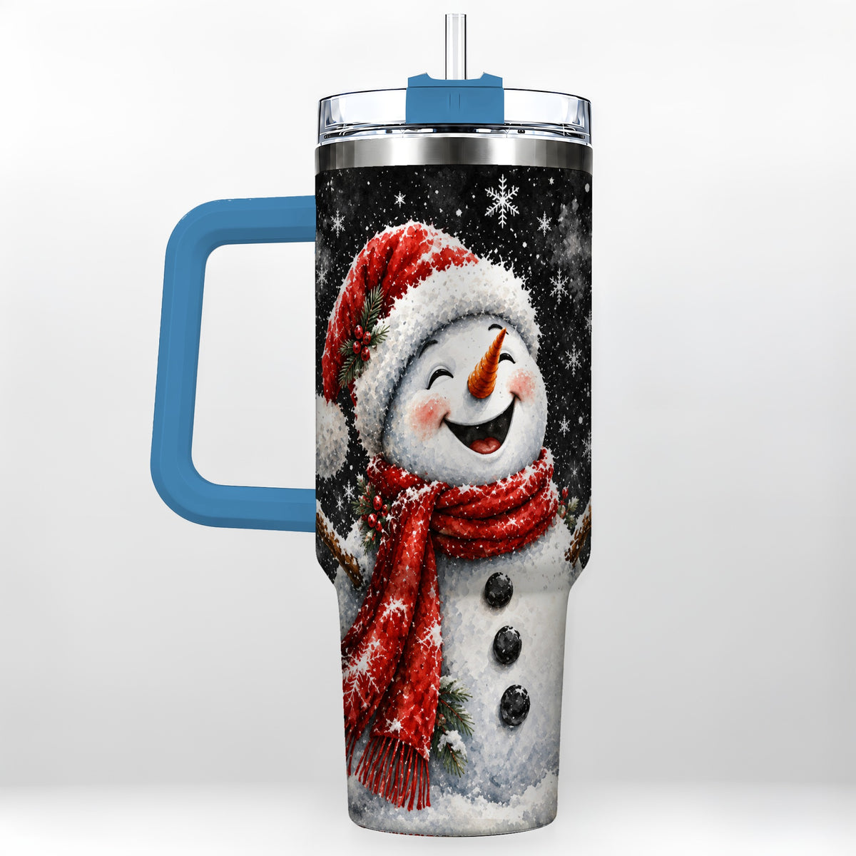 #pl[40oz|Blue] Watercolor Snowman 40oz Tumbler with Handle, Winter Steel Tumbler