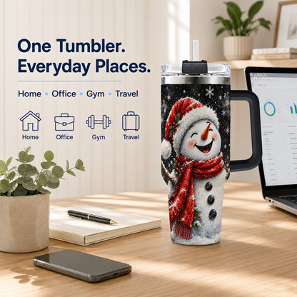 #pl[40oz|Black] Watercolor Snowman 40oz Tumbler with Handle, Winter Steel Tumbler