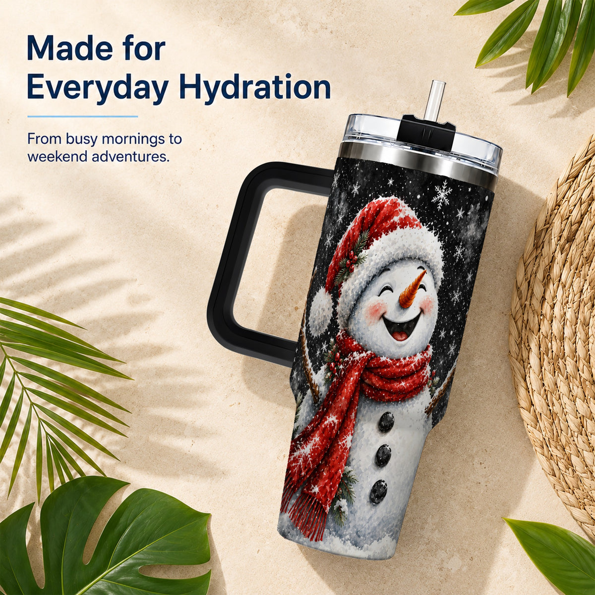 #pl[40oz|Black] Watercolor Snowman 40oz Tumbler with Handle, Winter Steel Tumbler
