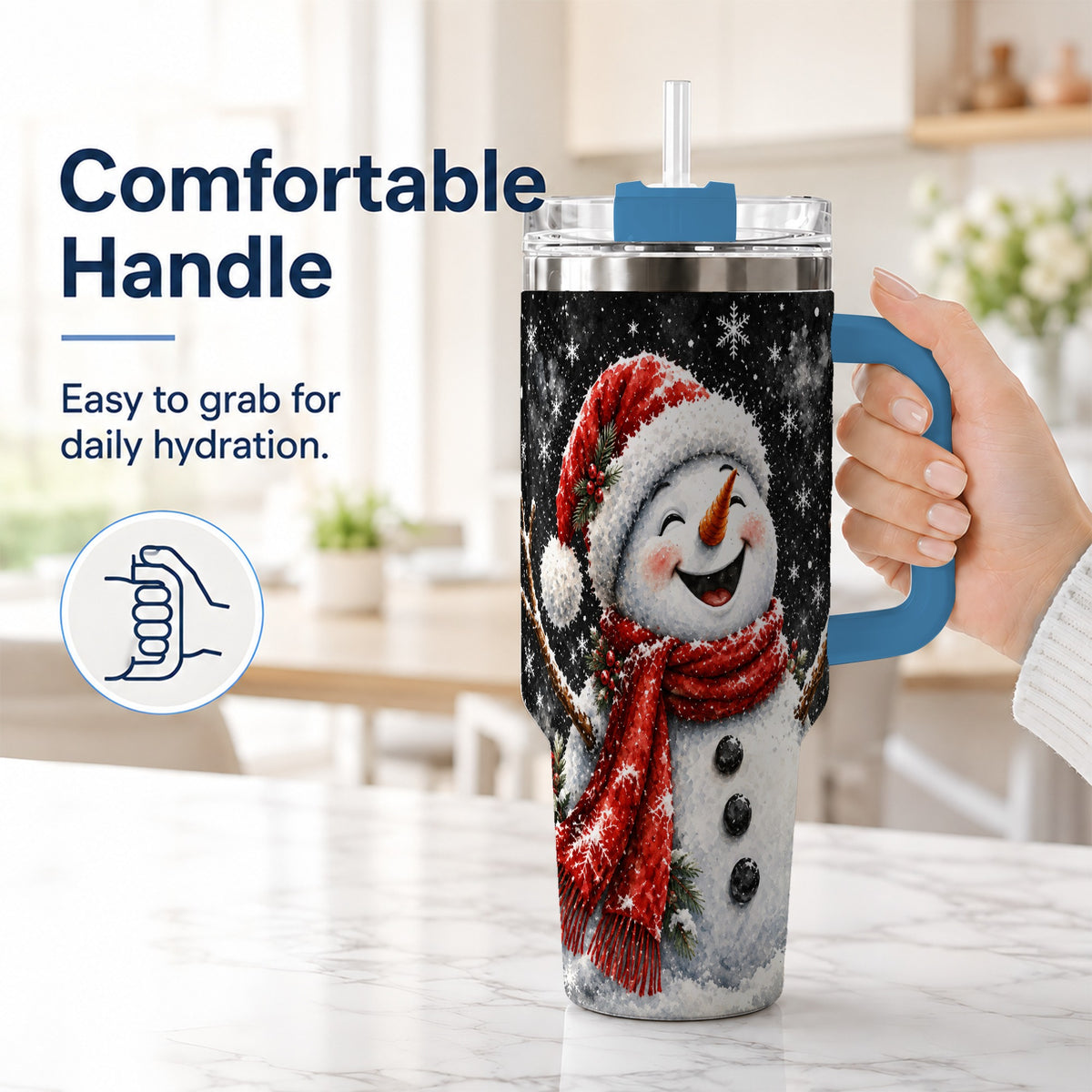 #pl[40oz|Blue] Watercolor Snowman 40oz Tumbler with Handle, Winter Steel Tumbler
