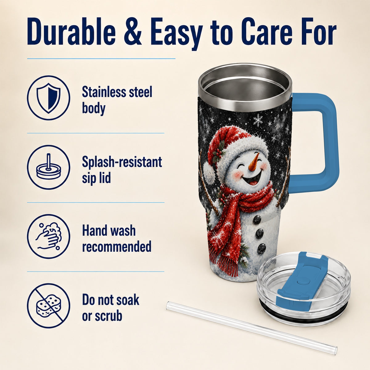 #pl[40oz|Blue] Watercolor Snowman 40oz Tumbler with Handle, Winter Steel Tumbler
