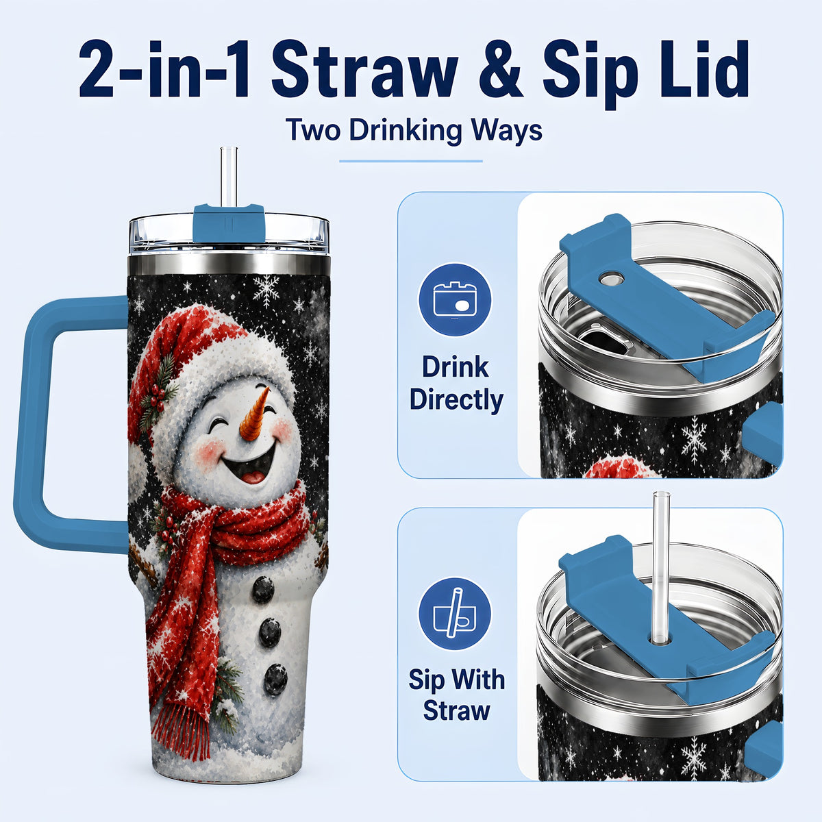 #pl[40oz|Blue] Watercolor Snowman 40oz Tumbler with Handle, Winter Steel Tumbler