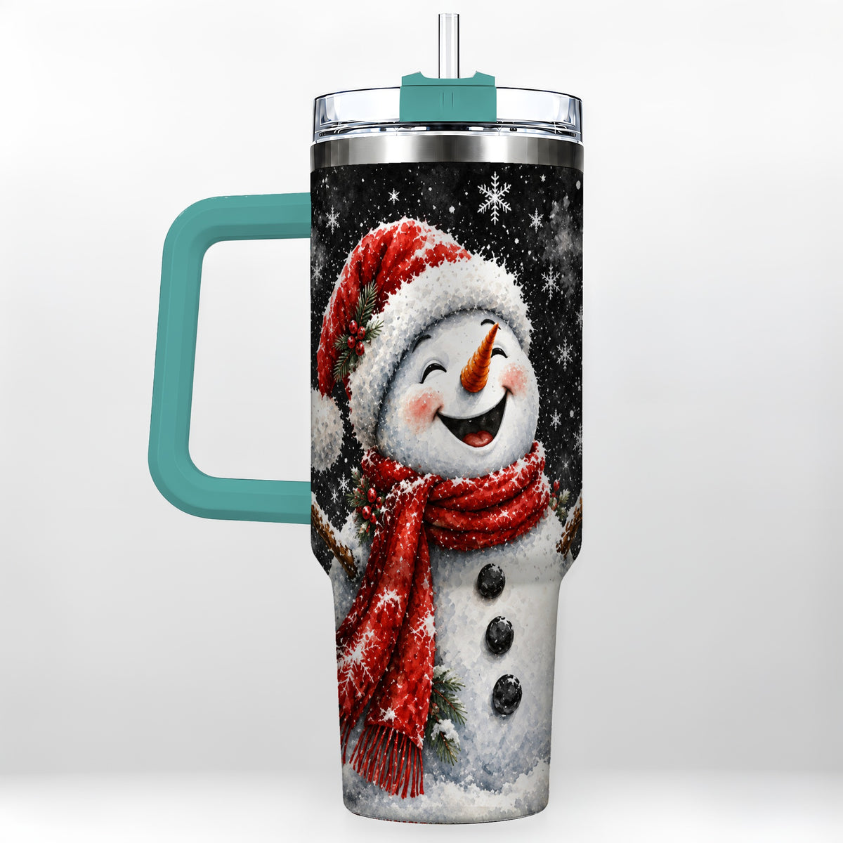 #pl[40oz|Green] Watercolor Snowman 40oz Tumbler with Handle, Winter Steel Tumbler