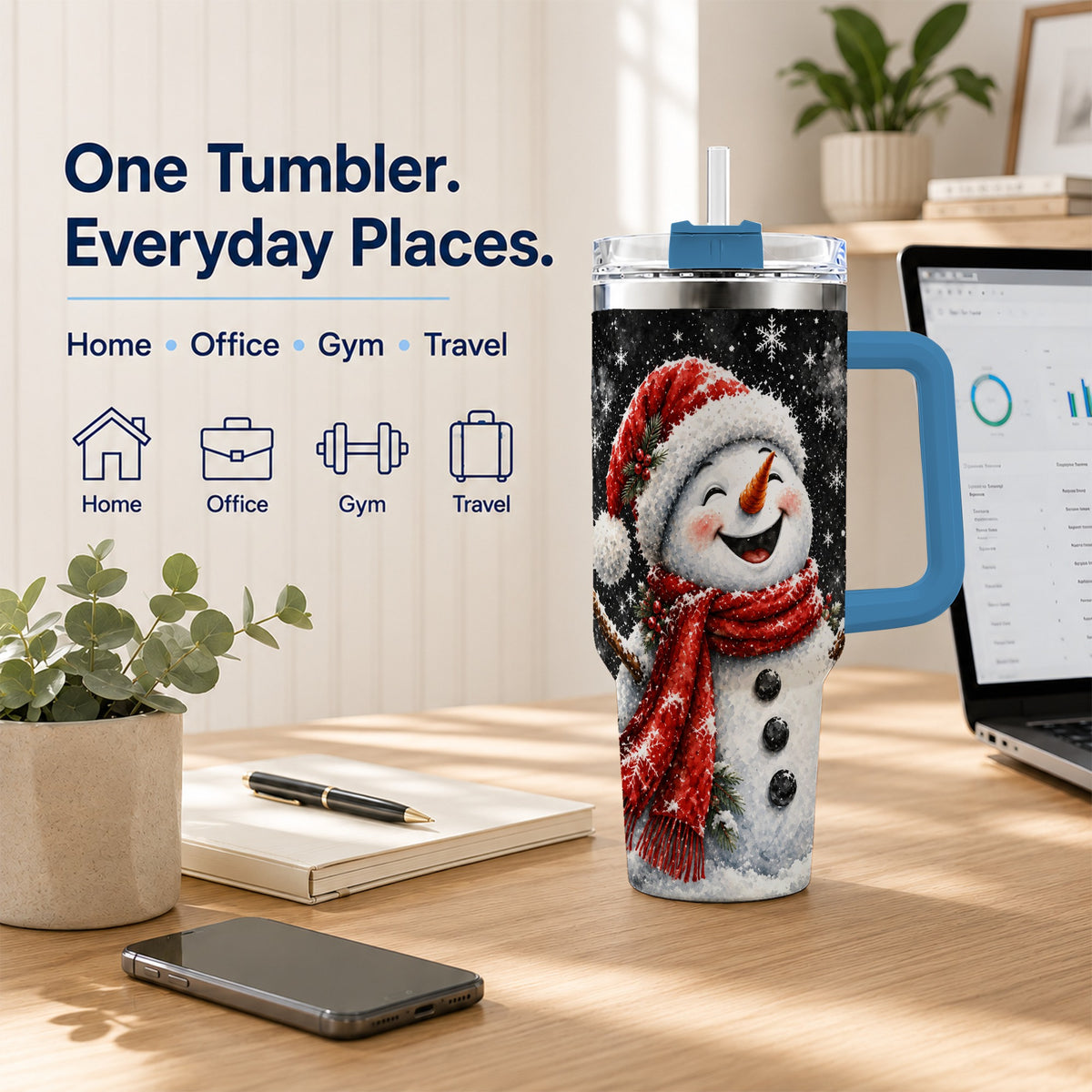 #pl[40oz|Blue] Watercolor Snowman 40oz Tumbler with Handle, Winter Steel Tumbler