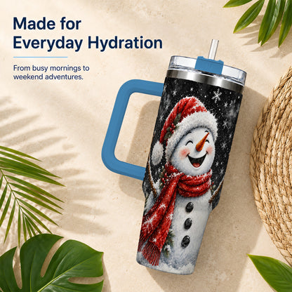 #pl[40oz|Blue] Watercolor Snowman 40oz Tumbler with Handle, Winter Steel Tumbler