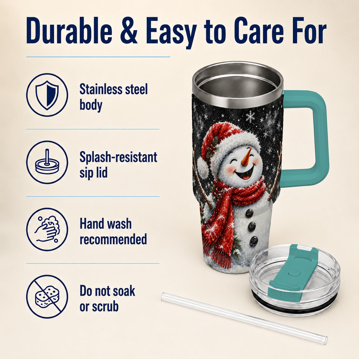 #pl[40oz|Green] Watercolor Snowman 40oz Tumbler with Handle, Winter Steel Tumbler