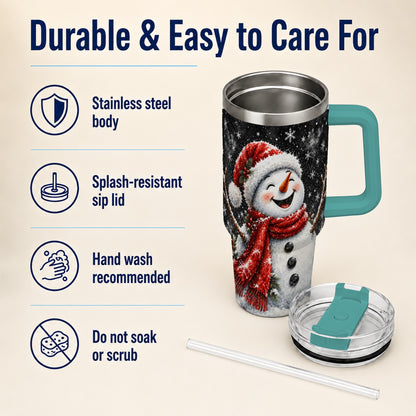 #pl[40oz|Green] Watercolor Snowman 40oz Tumbler with Handle, Winter Steel Tumbler