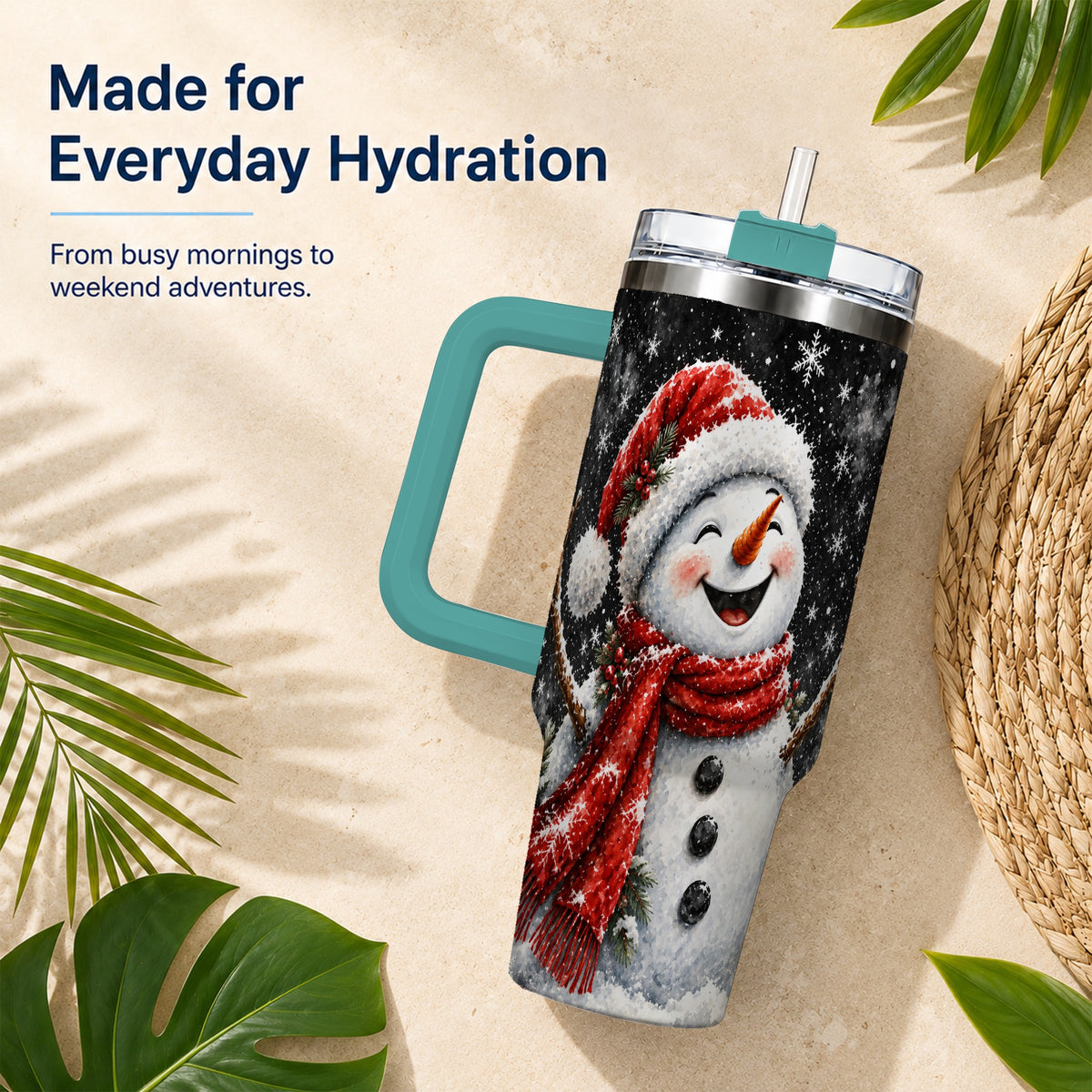 #pl[40oz|Green] Watercolor Snowman 40oz Tumbler with Handle, Winter Steel Tumbler