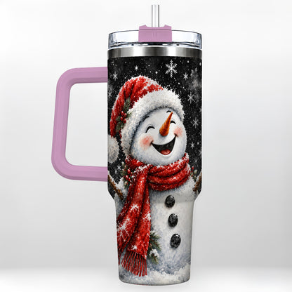 #pl[40oz|Pink] Watercolor Snowman 40oz Tumbler with Handle, Winter Steel Tumbler