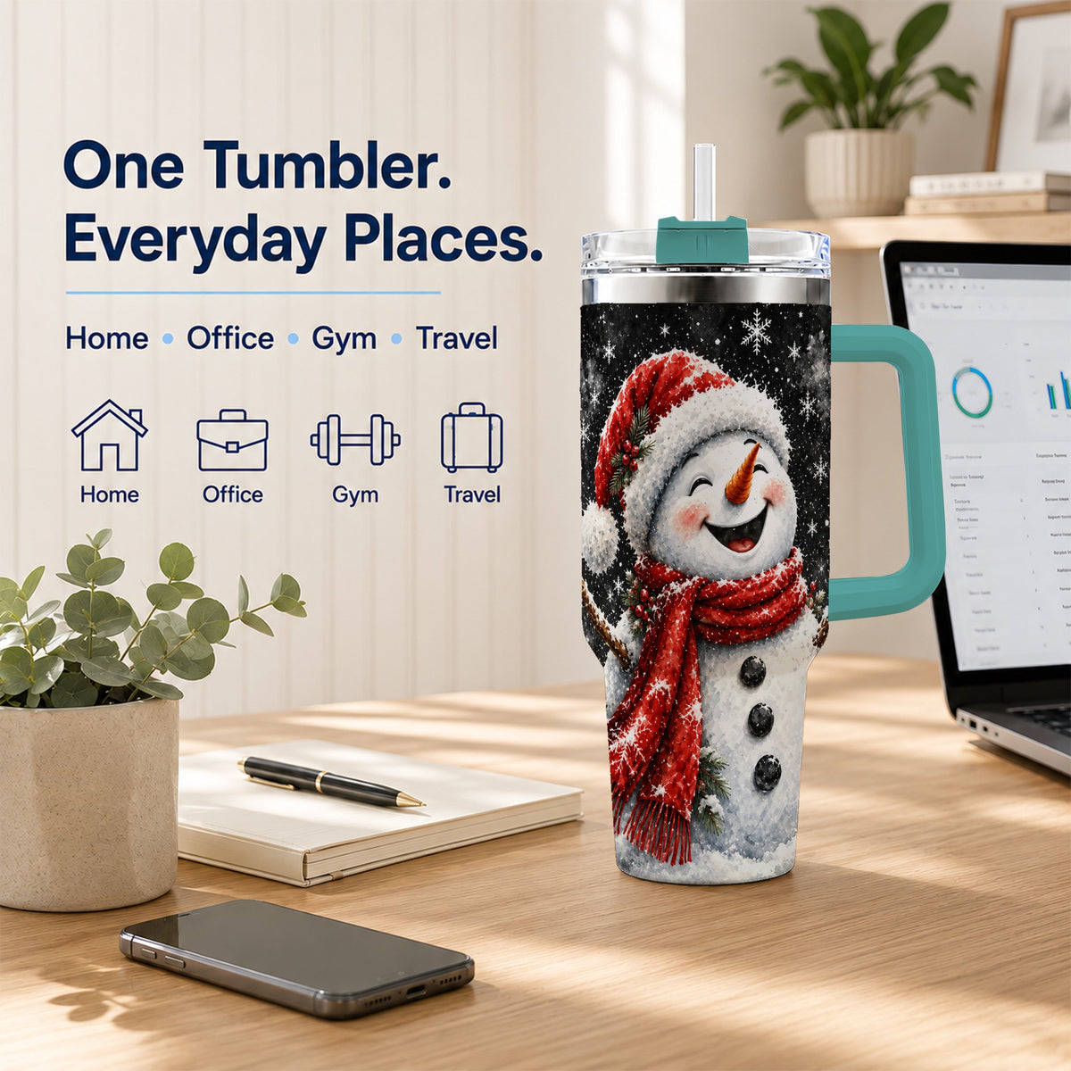 #pl[40oz|Green] Watercolor Snowman 40oz Tumbler with Handle, Winter Steel Tumbler