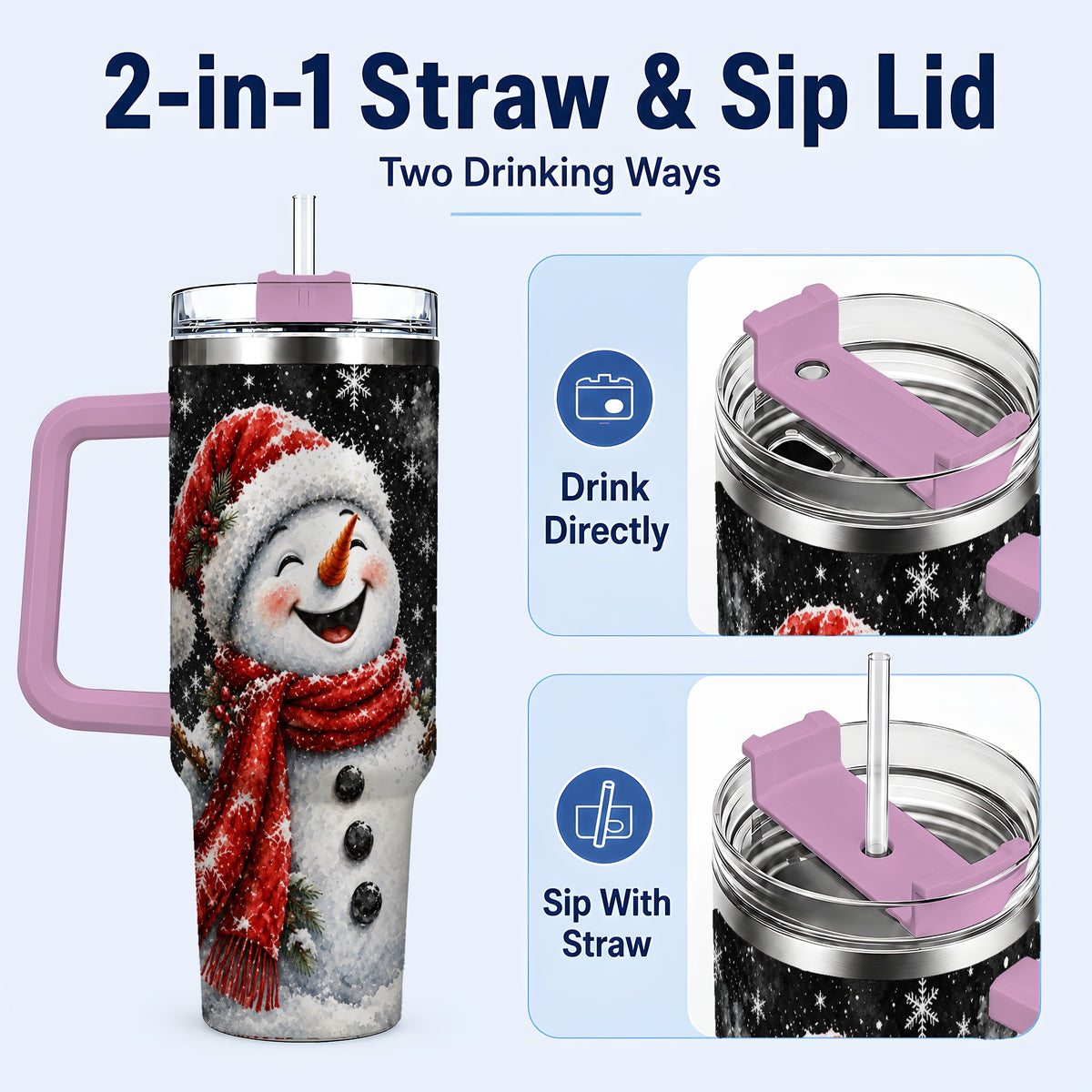#pl[40oz|Pink] Watercolor Snowman 40oz Tumbler with Handle, Winter Steel Tumbler
