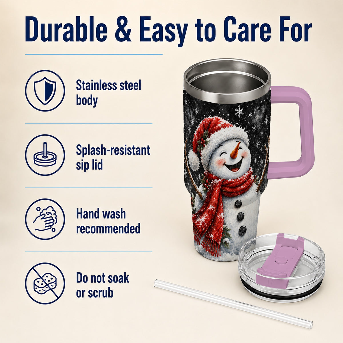 #pl[40oz|Pink] Watercolor Snowman 40oz Tumbler with Handle, Winter Steel Tumbler