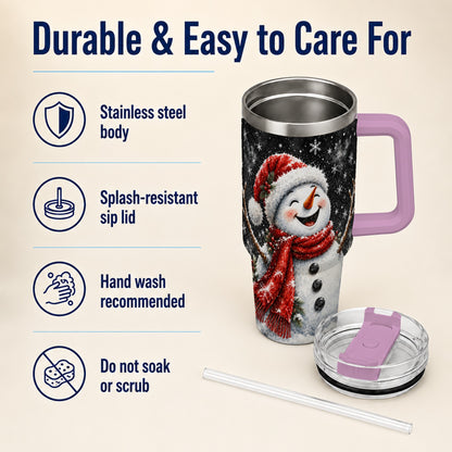#pl[40oz|Pink] Watercolor Snowman 40oz Tumbler with Handle, Winter Steel Tumbler