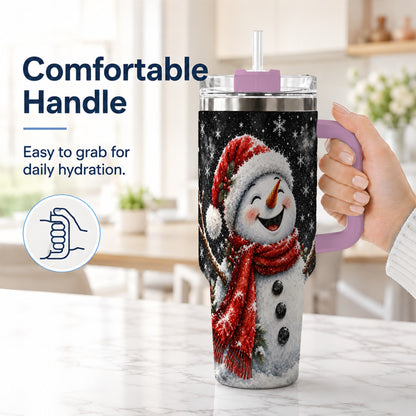 #pl[40oz|Pink] Watercolor Snowman 40oz Tumbler with Handle, Winter Steel Tumbler