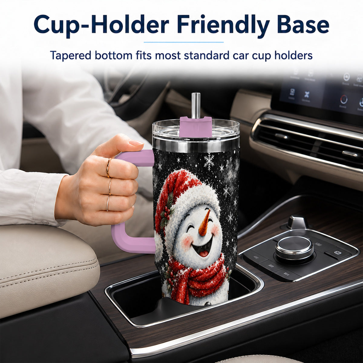 #pl[40oz|Pink] Watercolor Snowman 40oz Tumbler with Handle, Winter Steel Tumbler