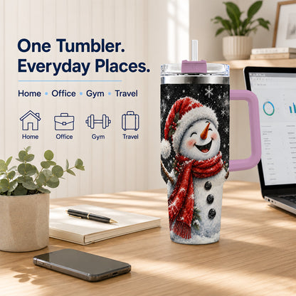 #pl[40oz|Pink] Watercolor Snowman 40oz Tumbler with Handle, Winter Steel Tumbler