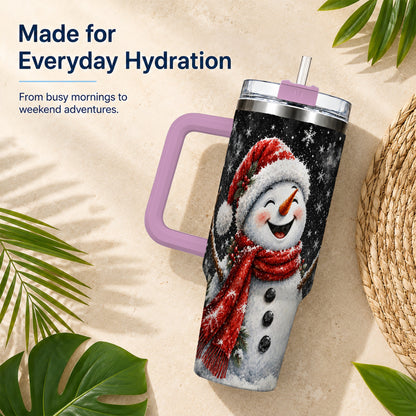 #pl[40oz|Pink] Watercolor Snowman 40oz Tumbler with Handle, Winter Steel Tumbler
