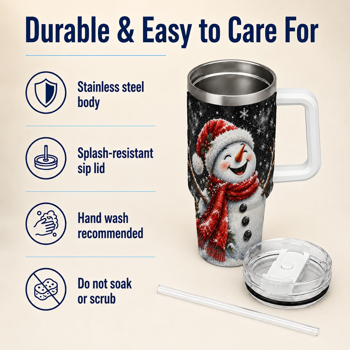 #pl[40oz|White] Watercolor Snowman 40oz Tumbler with Handle, Winter Steel Tumbler
