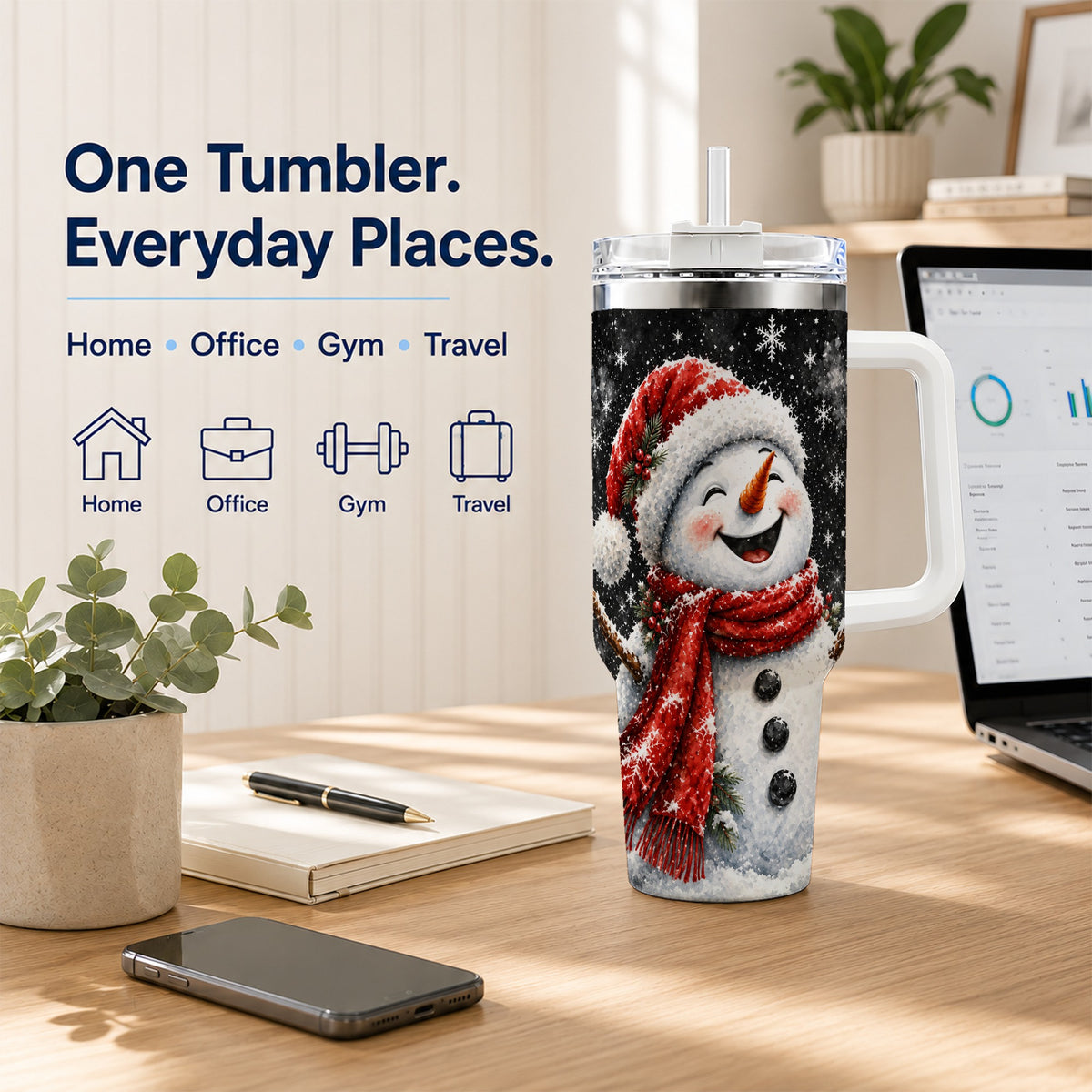 #pl[40oz|White] Watercolor Snowman 40oz Tumbler with Handle, Winter Steel Tumbler