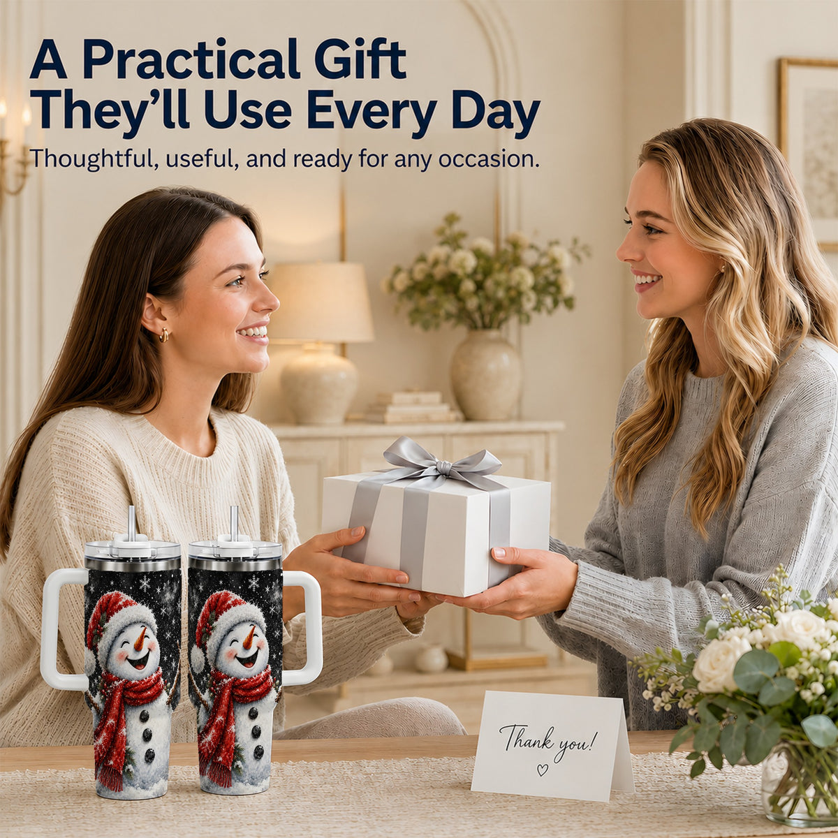 #pl[40oz|White] Watercolor Snowman 40oz Tumbler with Handle, Winter Steel Tumbler