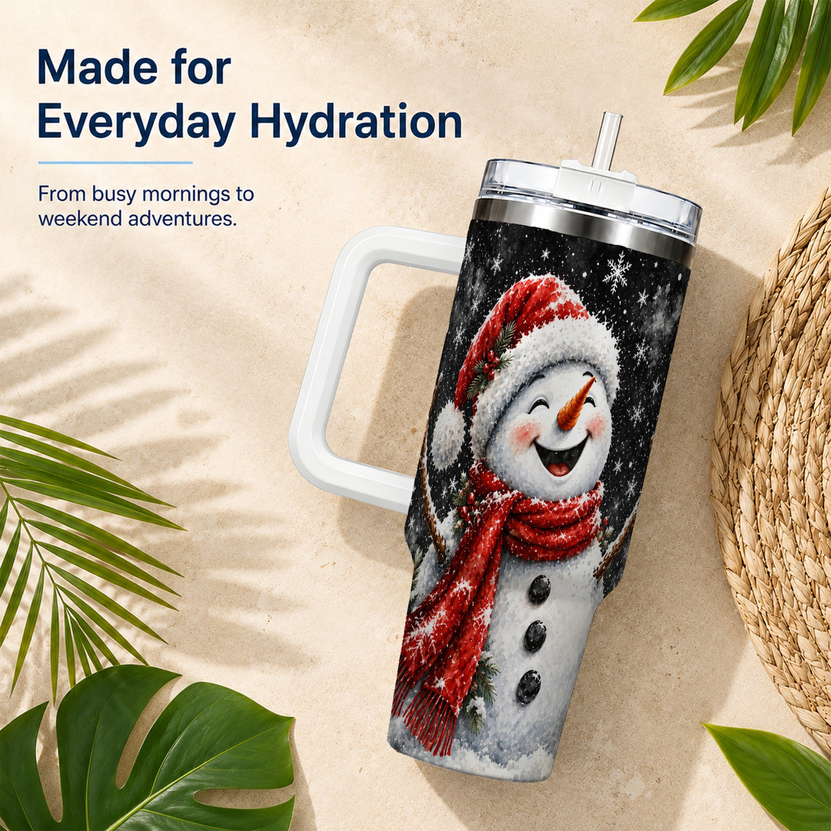 #pl[40oz|White] Watercolor Snowman 40oz Tumbler with Handle, Winter Steel Tumbler