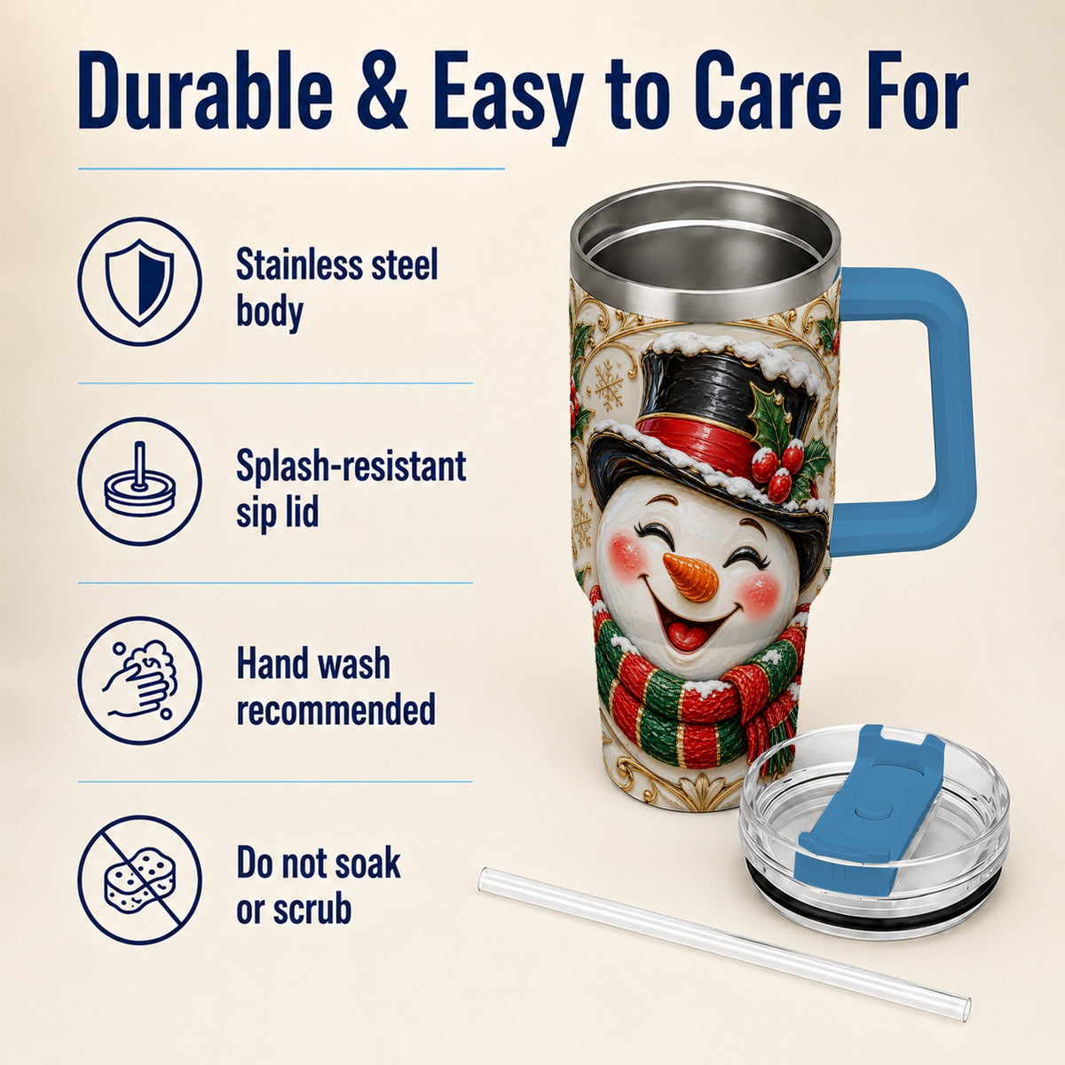 #pl[40oz|Blue] Top Hat Snowman 40oz Tumbler with Handle, Holly Stainless Steel Tumbler