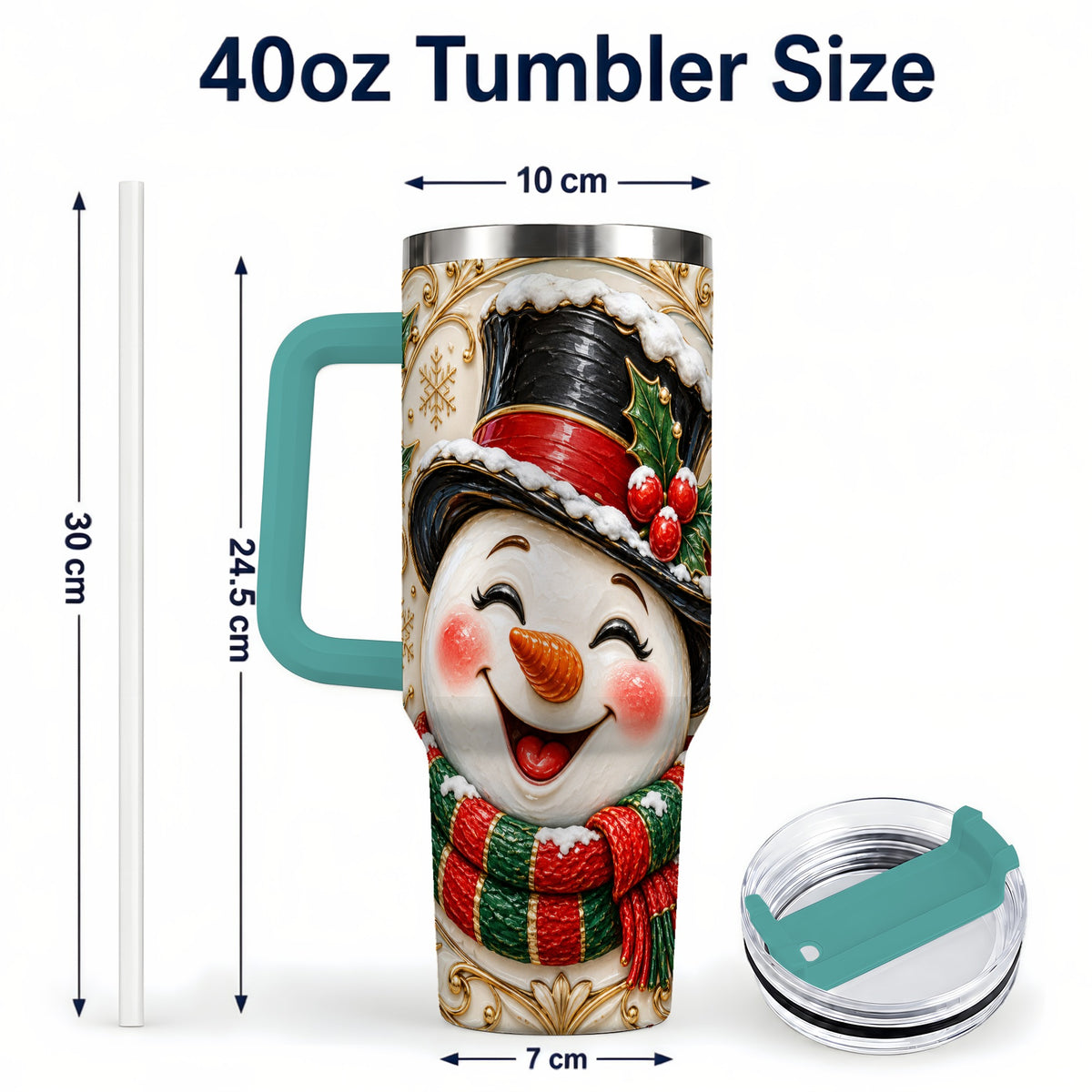 #pl[40oz|Green] Top Hat Snowman 40oz Tumbler with Handle, Holly Stainless Steel Tumbler