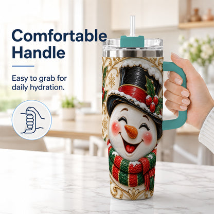 #pl[40oz|Green] Top Hat Snowman 40oz Tumbler with Handle, Holly Stainless Steel Tumbler