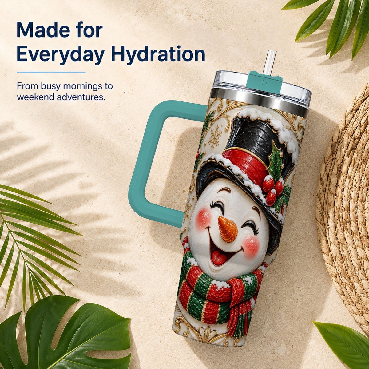 #pl[40oz|Green] Top Hat Snowman 40oz Tumbler with Handle, Holly Stainless Steel Tumbler
