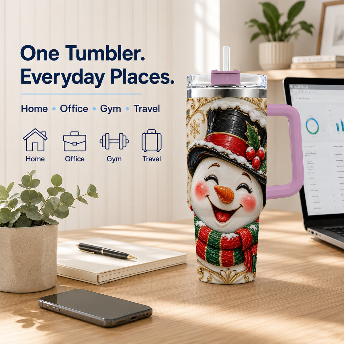 #pl[40oz|Pink] Top Hat Snowman 40oz Tumbler with Handle, Holly Stainless Steel Tumbler