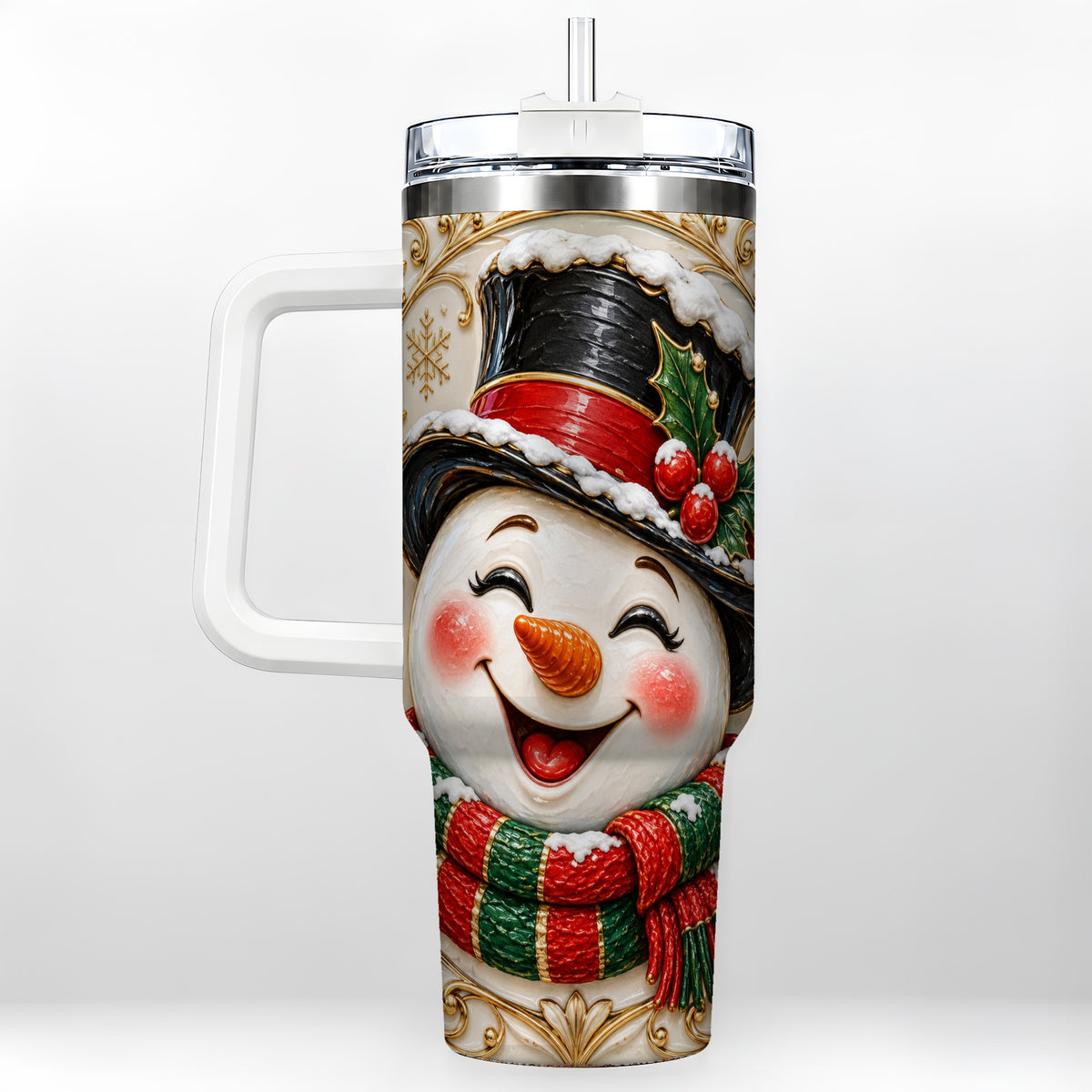Top Hat Snowman 40oz Tumbler with Handle, Holly Stainless Steel Tumbler