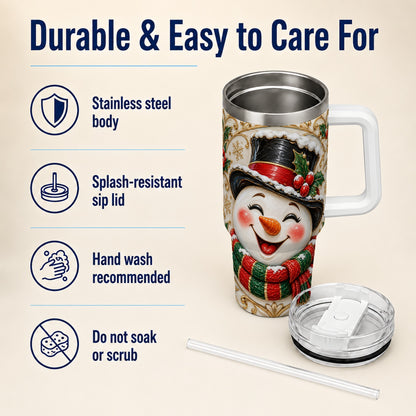 #pl[40oz|White] Top Hat Snowman 40oz Tumbler with Handle, Holly Stainless Steel Tumbler