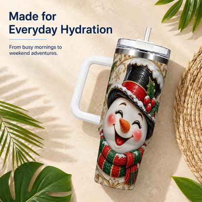#pl[40oz|White] Top Hat Snowman 40oz Tumbler with Handle, Holly Stainless Steel Tumbler