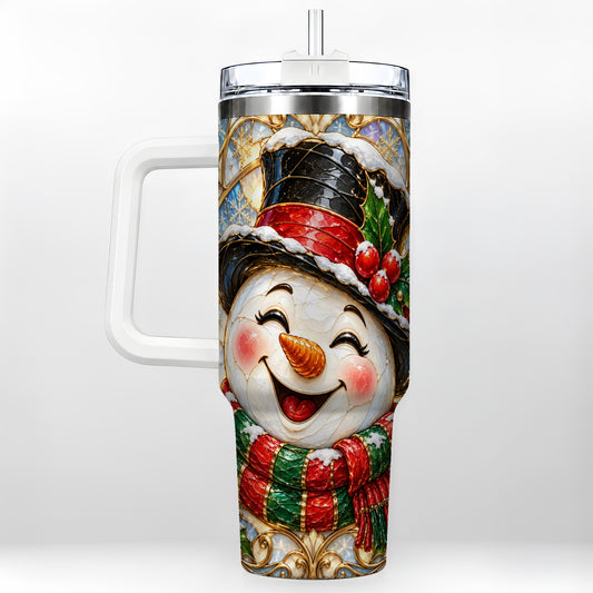 Stained Glass Snowman 40oz Tumbler with Handle, Winter Steel Tumbler