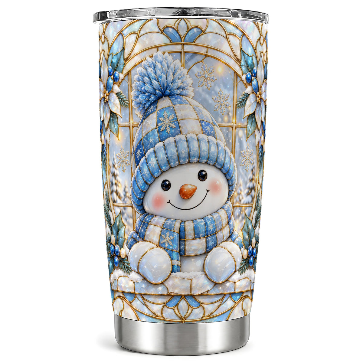 Stained Glass Snowman Tumbler 20oz, Winter Stainless Steel Travel Cup