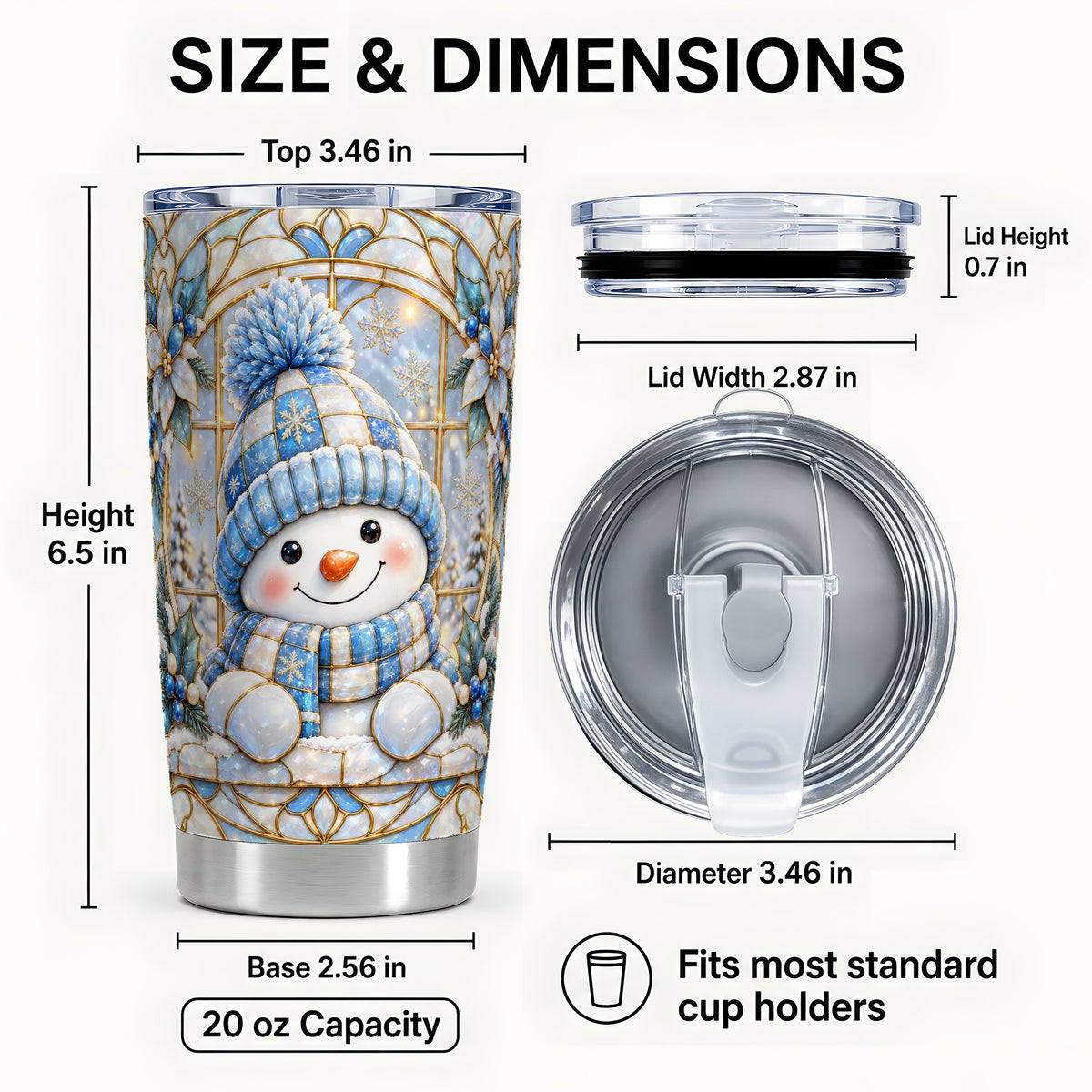 #pl[Steel] Stained Glass Snowman Tumbler 20oz, Winter Stainless Steel Travel Cup