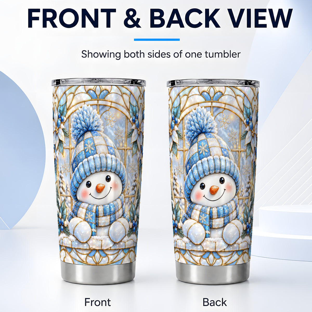 #pl[Steel] Stained Glass Snowman Tumbler 20oz, Winter Stainless Steel Travel Cup