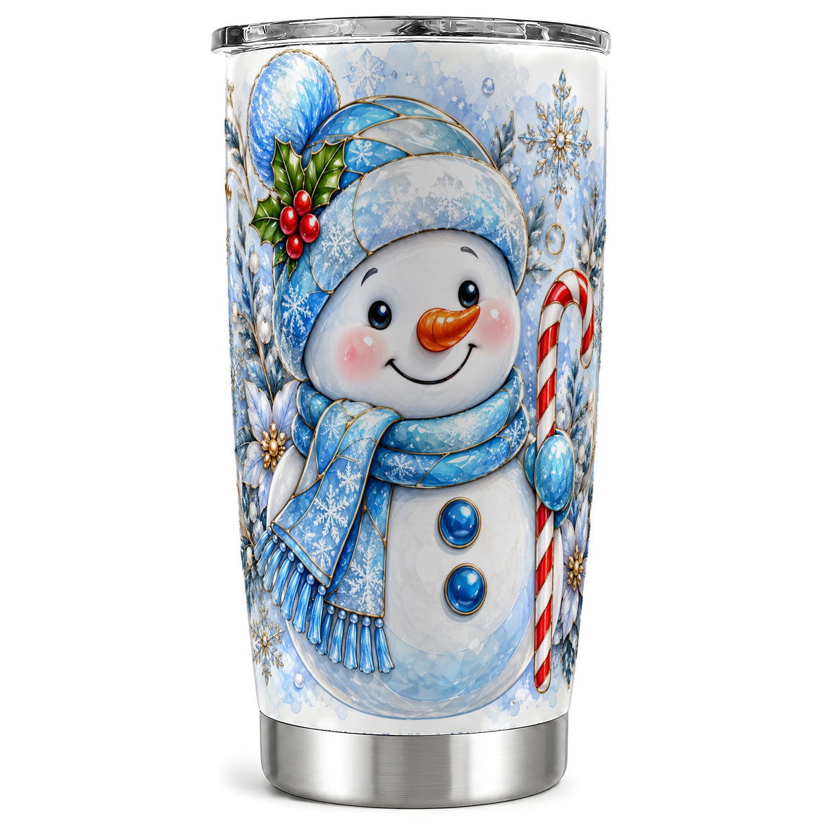 Elegant Snowman Tumbler 20oz, Floral Tumbler, Stainless Steel Travel Cup