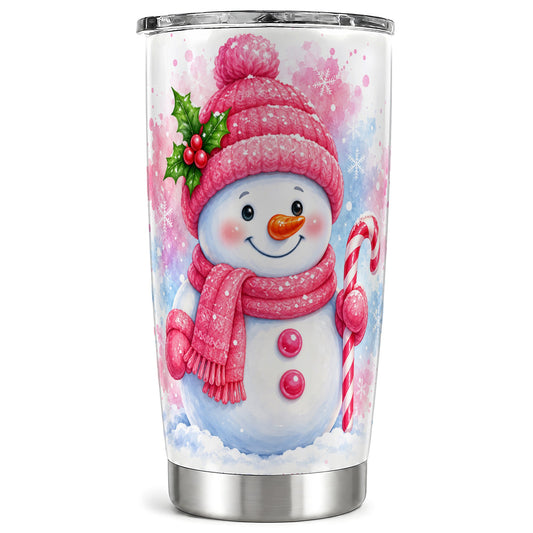 Pink Snowman Tumbler 20oz, Cute Winter Tumbler, Stainless Steel Travel Cup