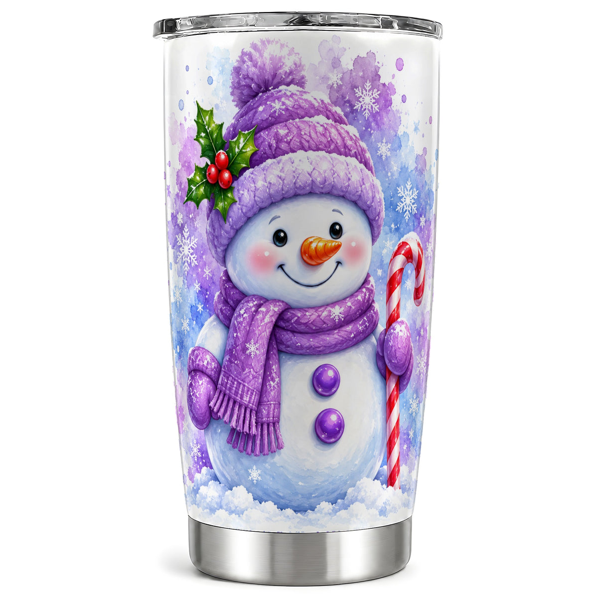 Purple Snowman Tumbler 20oz, Winter Tumbler, Stainless Steel Travel Cup